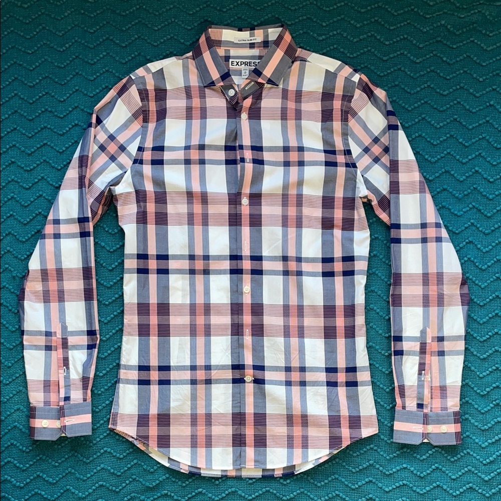 Express Men's Casual Plaid Shirt - Navy and Pink